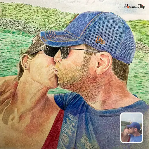 kissing couple colored pencil portrait