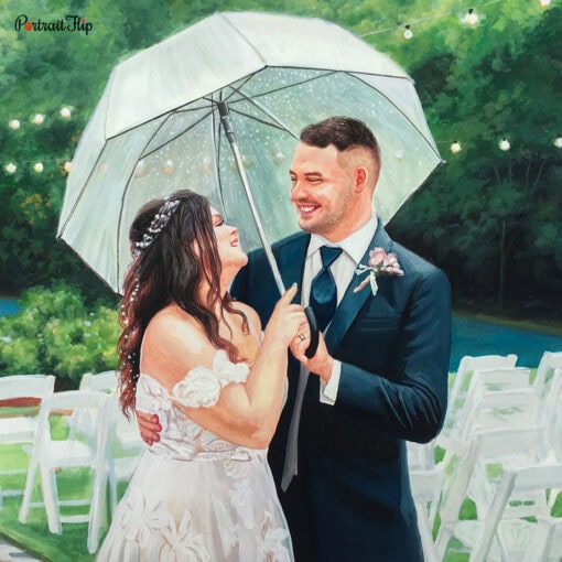 couple in rain watercolor painting