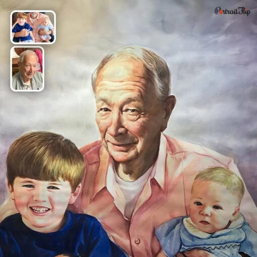 grandfather and two kids watercolor painting