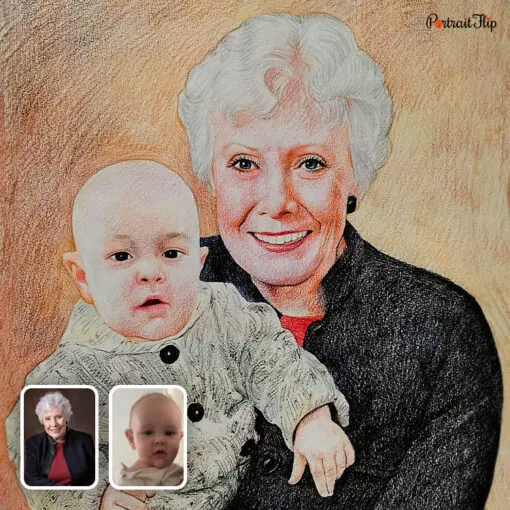grandmother and child colored pencil drawing