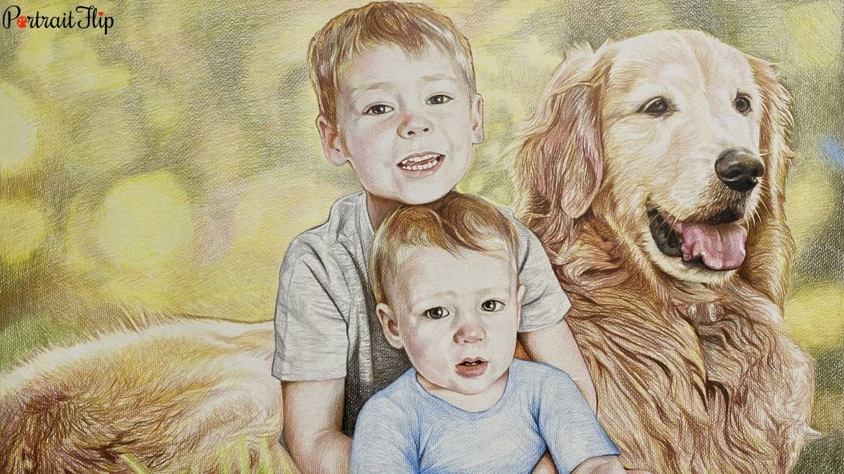 color pencil sketch of a dog and kids by portraitflip 