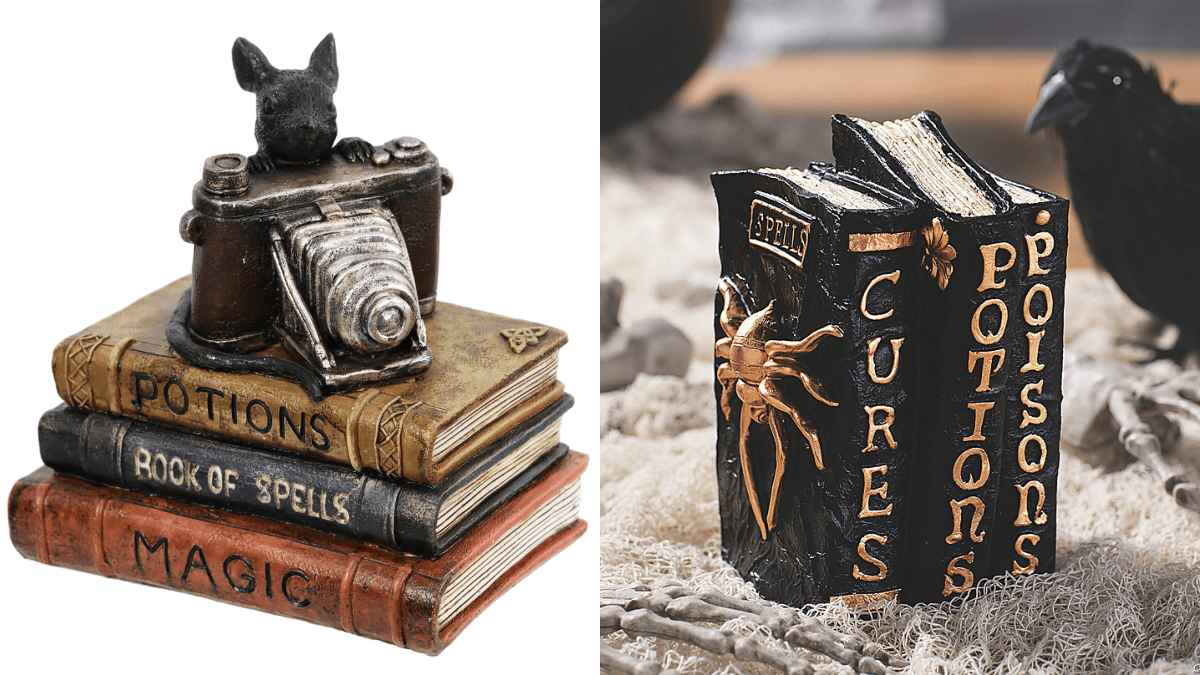 A stack of potion books with a bunny rabbit sitting on top of them with a camera as a spooky tabletop on the left. A pair of 3 books in the form of a witch's potions books displayed on a table as a Halloween décor on the right.