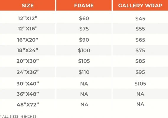 Frame vs Gallery Wrap Pricing Table