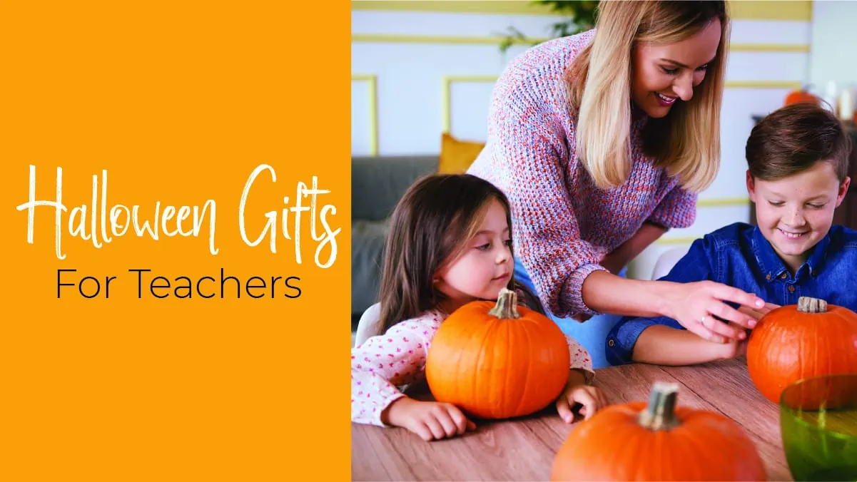 Two kids carving some pumpkins with the help of their teacher. The text reads halloween gifts for teachers. 