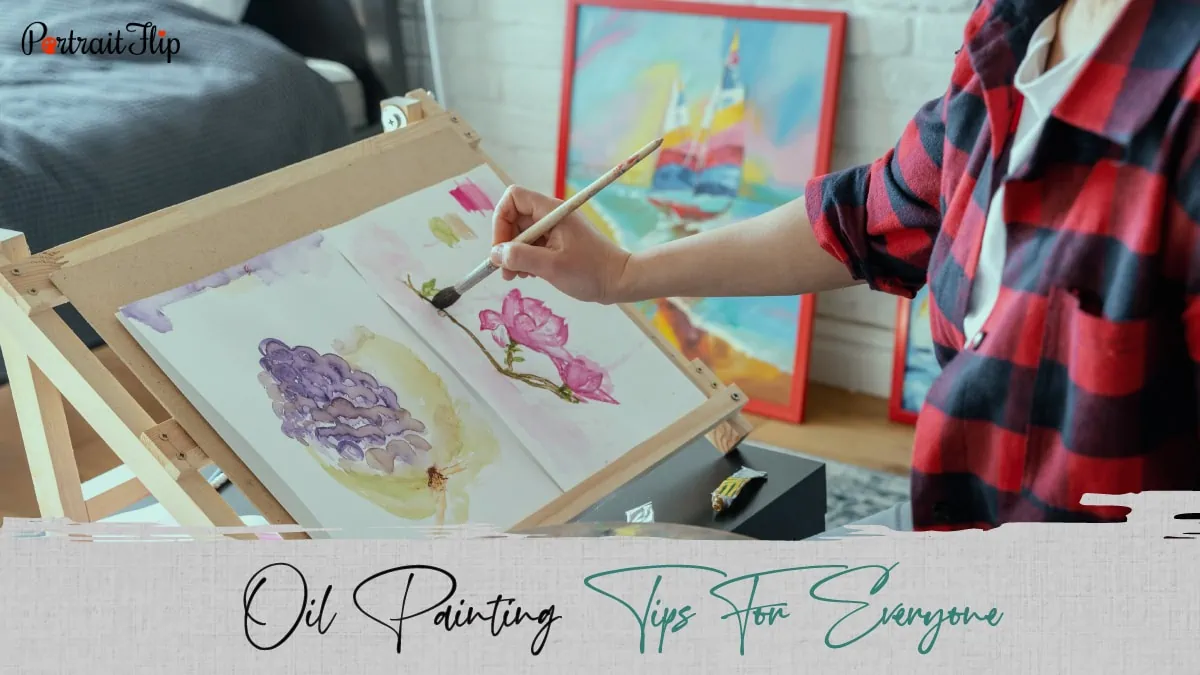 A hand painting on a white canvas. The text reads oil painting tips for everyone.