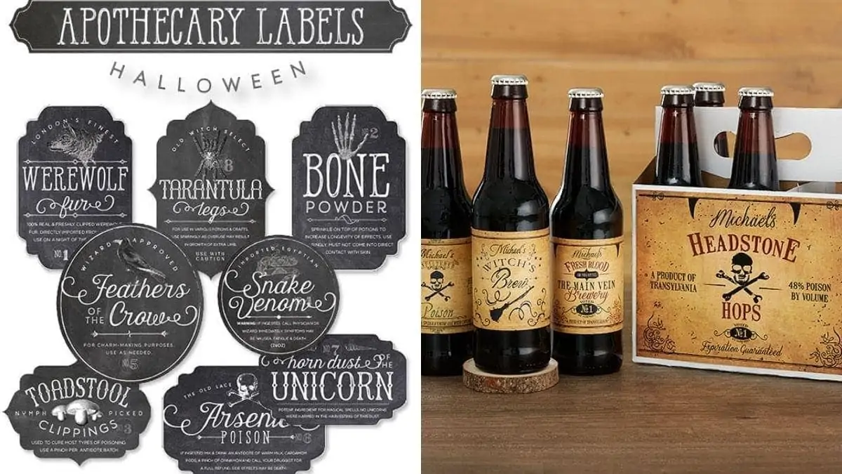 Customized black apothecary labels on the left and on the right beer bottles and a crate with the customized apothecary labels that can be given as a Halloween gift
