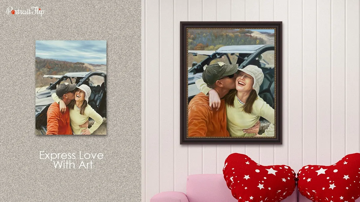 A couple portrait kissing on the cheeks, created by PortraitFlip that expresses the love in art form