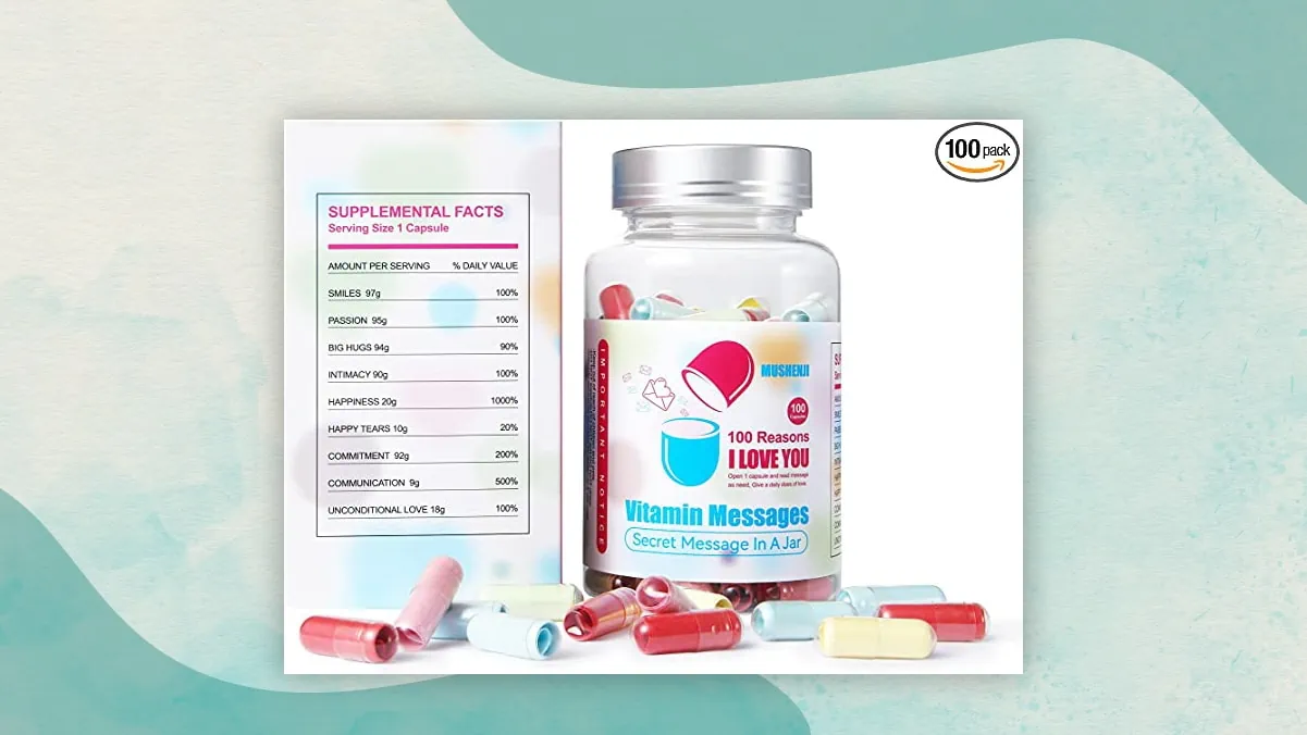 A bottle of love capsules with a silver colored cap with a note" Vitamin messages " written on it. The supplements facts written on the left as gifts for long distance relationships. 