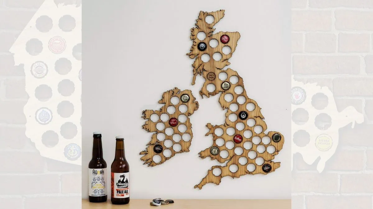 a map made out of wood that has holes where one can store beer caps on the map as a Christmas Gifts For Brother-In-Law