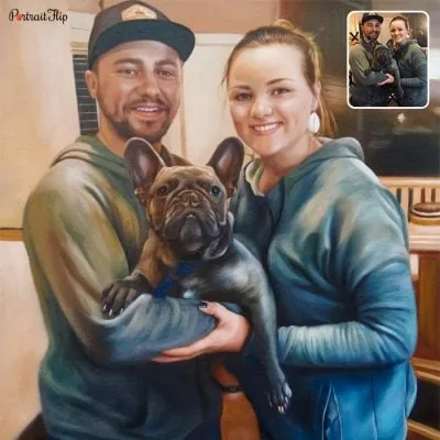 A photo to valentine’s day paintings of a man and a woman holding dog in their arms