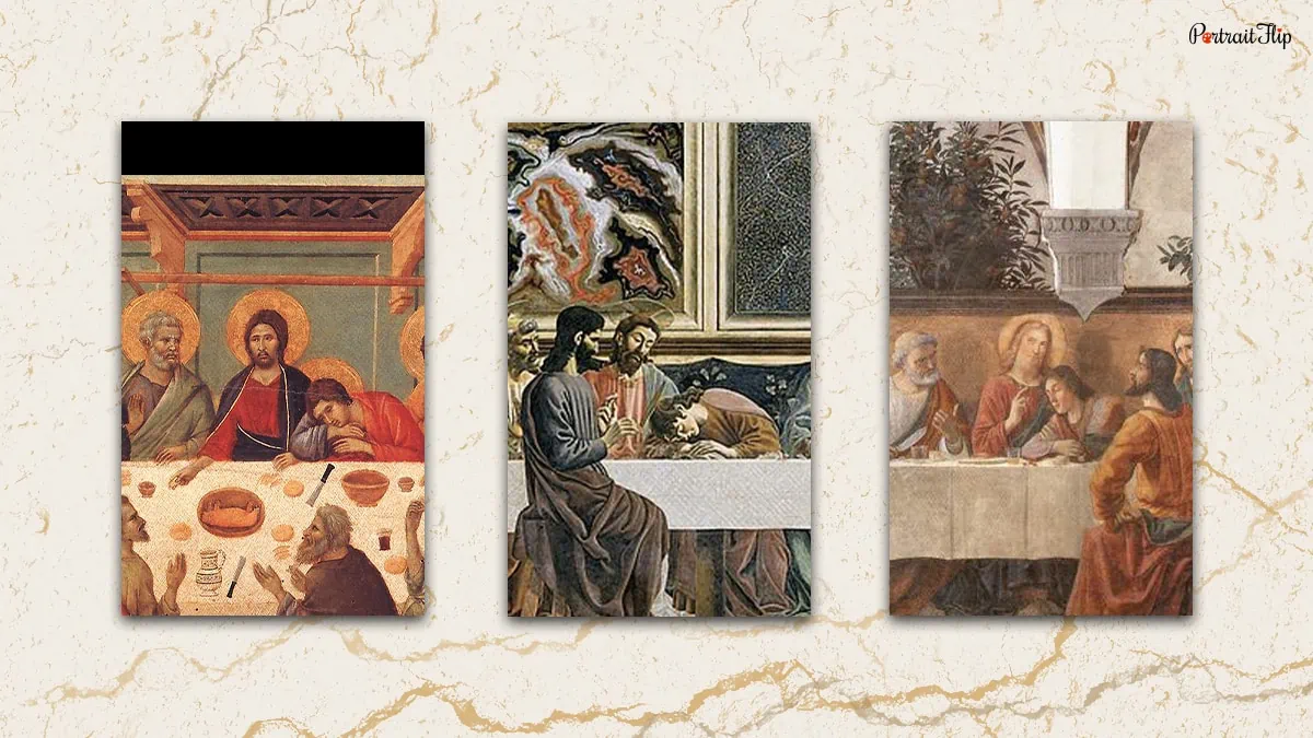 Duccio di Bouncing The Last Supper (1325), Andrea del Castagno The Last Supper (1445 to 1450), Domenico Ghirlandaio The Last Supper (1486), created before The Last Supper painting