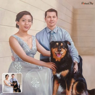 A valentine’s day paintings of a man and a woman sitting with a dog beside them