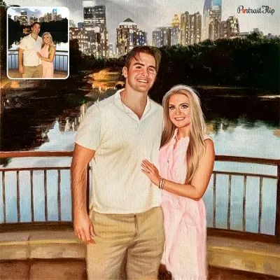 A photo to valentine’s day paintings of a man and a woman standing in front of a lake view and city in background