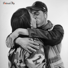 A black and white valentine’s day paintings where a couple is kissing each other