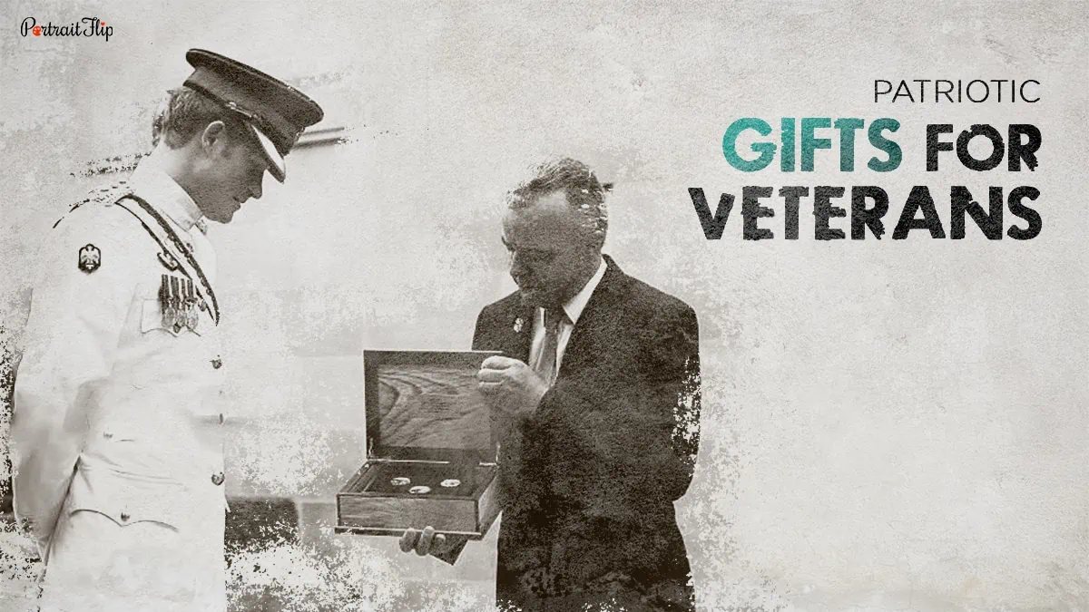 A senior veteran honoring a fellow veteran with a patriotic badge as a memorial day gift