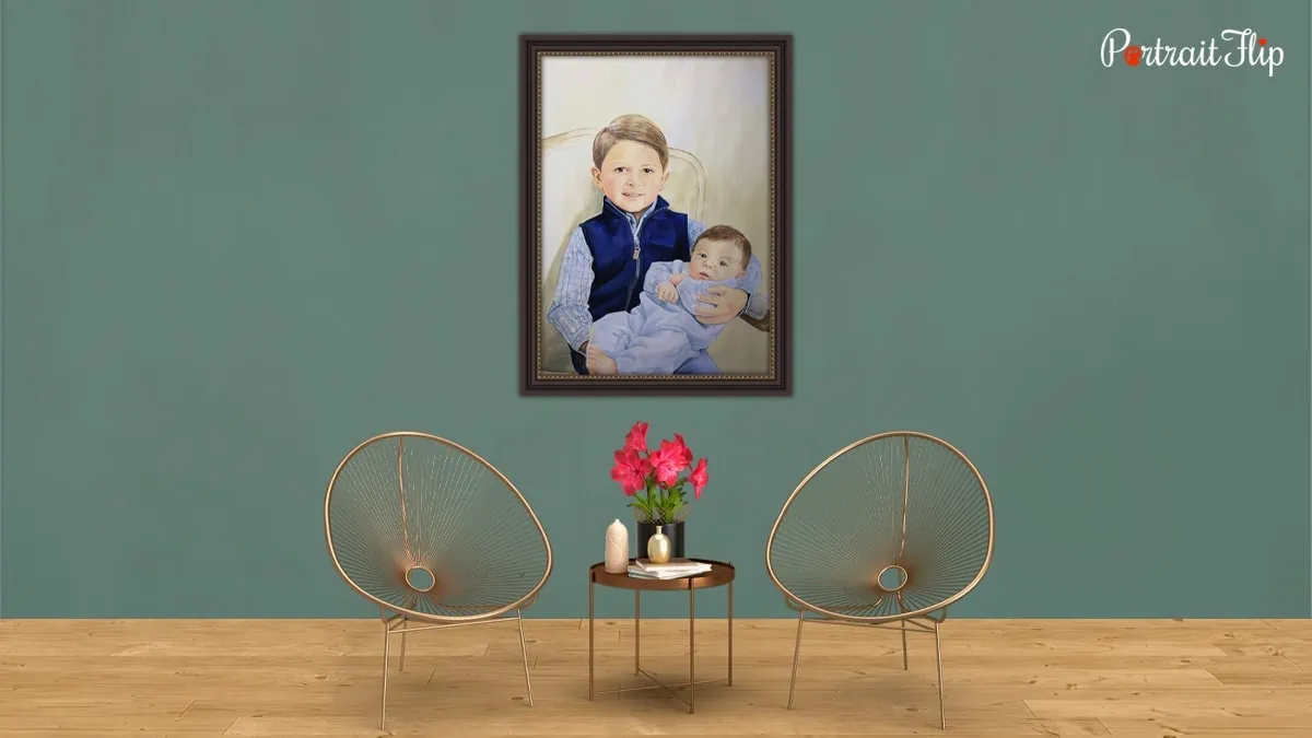 A painting portrait of a kid holding a child. the interior is beautiful with chairs and a table beside the chairs. it is a gift for memorial for someone who has lost a loved one.