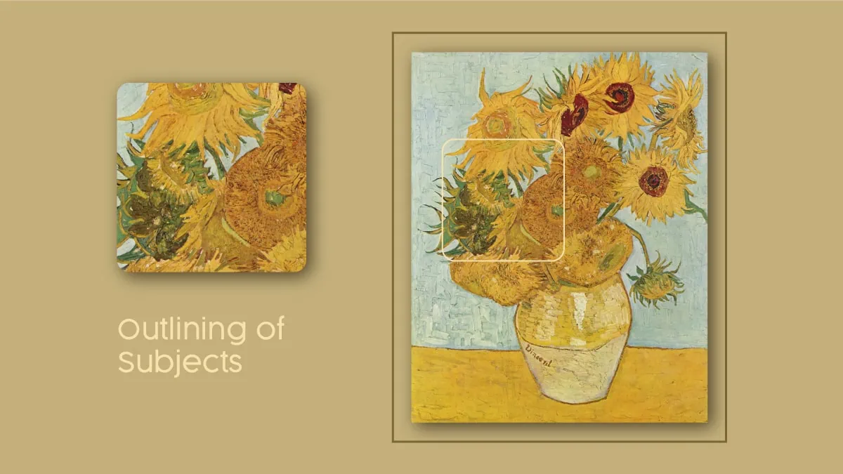 Van Gogh's Sunflowers with zoomed images of flowers.  