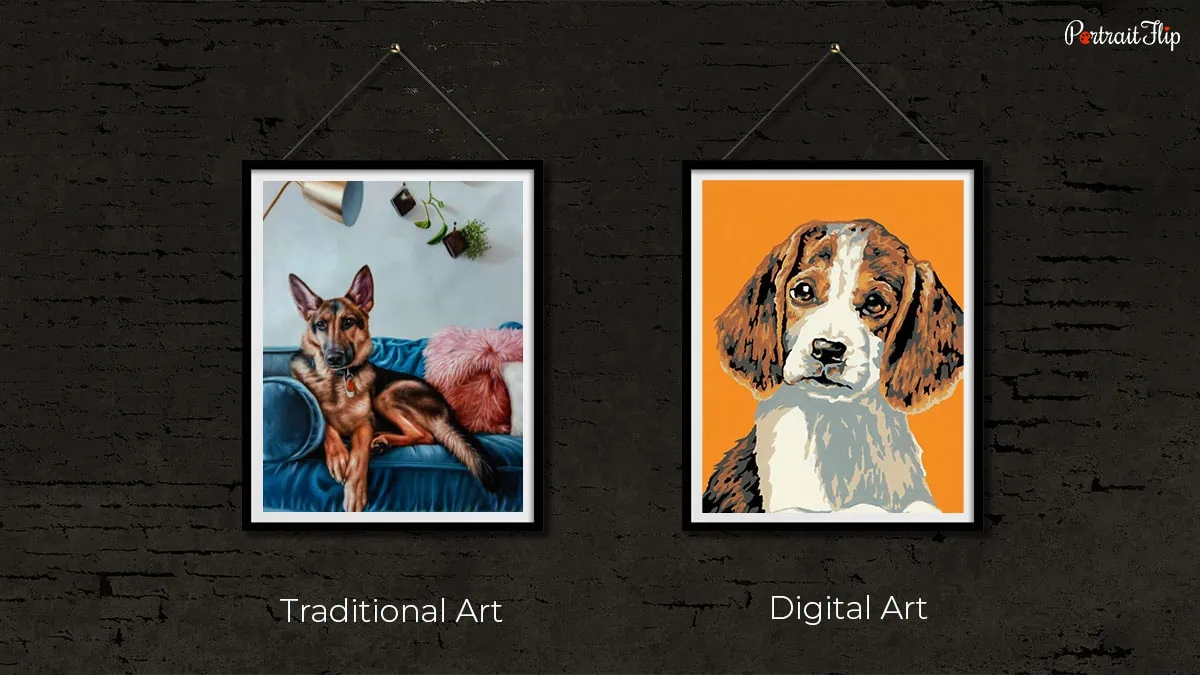 Two dog portraits, where one is made of traditional art and the other is made of digital art. 