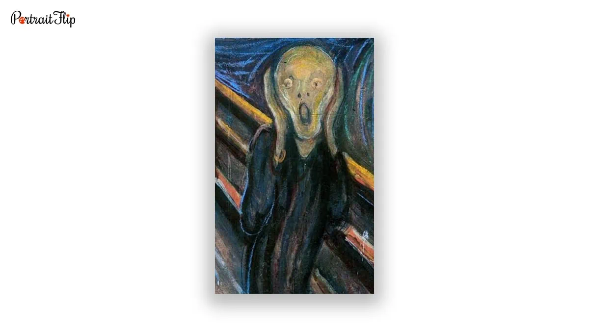 The face from The Scream painting focused. 