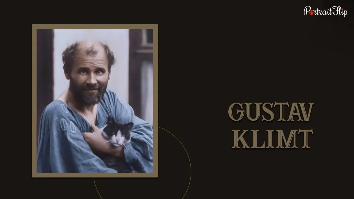 a famous painter Gustav Klimt holding a cat in his arms over his chest