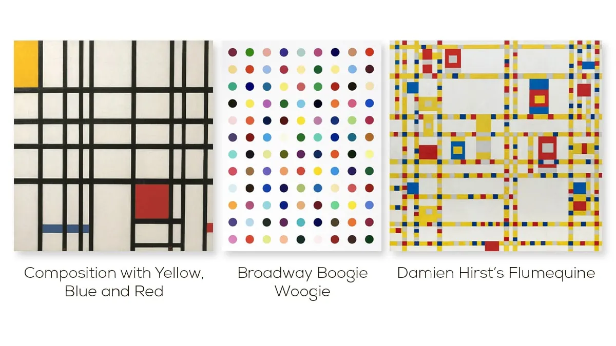 Blue and Red (1937-1942) and Broadway Boogie Woogie (1942-1943), and Damien Hirst’s Flumequine