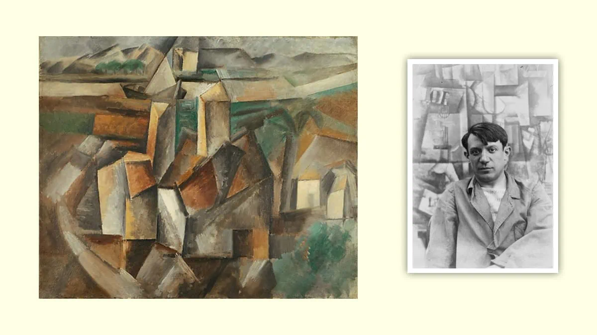 An image that showcases Pablo Picasso and his collage artwork.