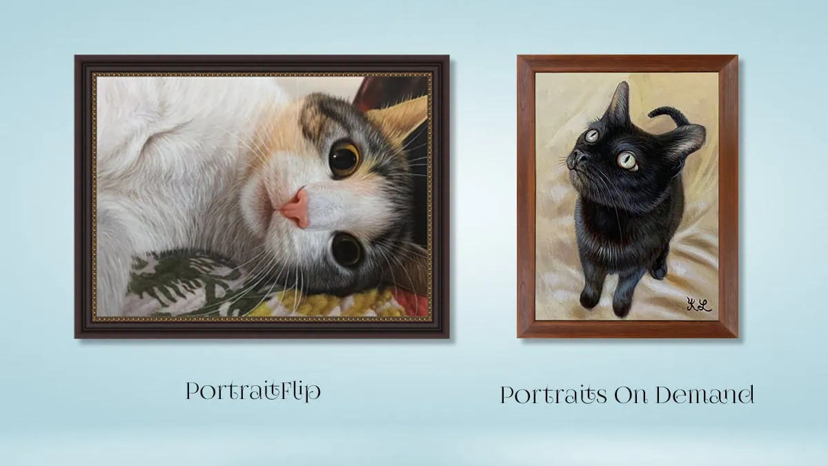 Comparison between pet portraits of PortraitFlip vs. Portraits On Demand