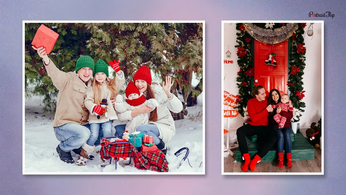 two families posing indoors and outdoors