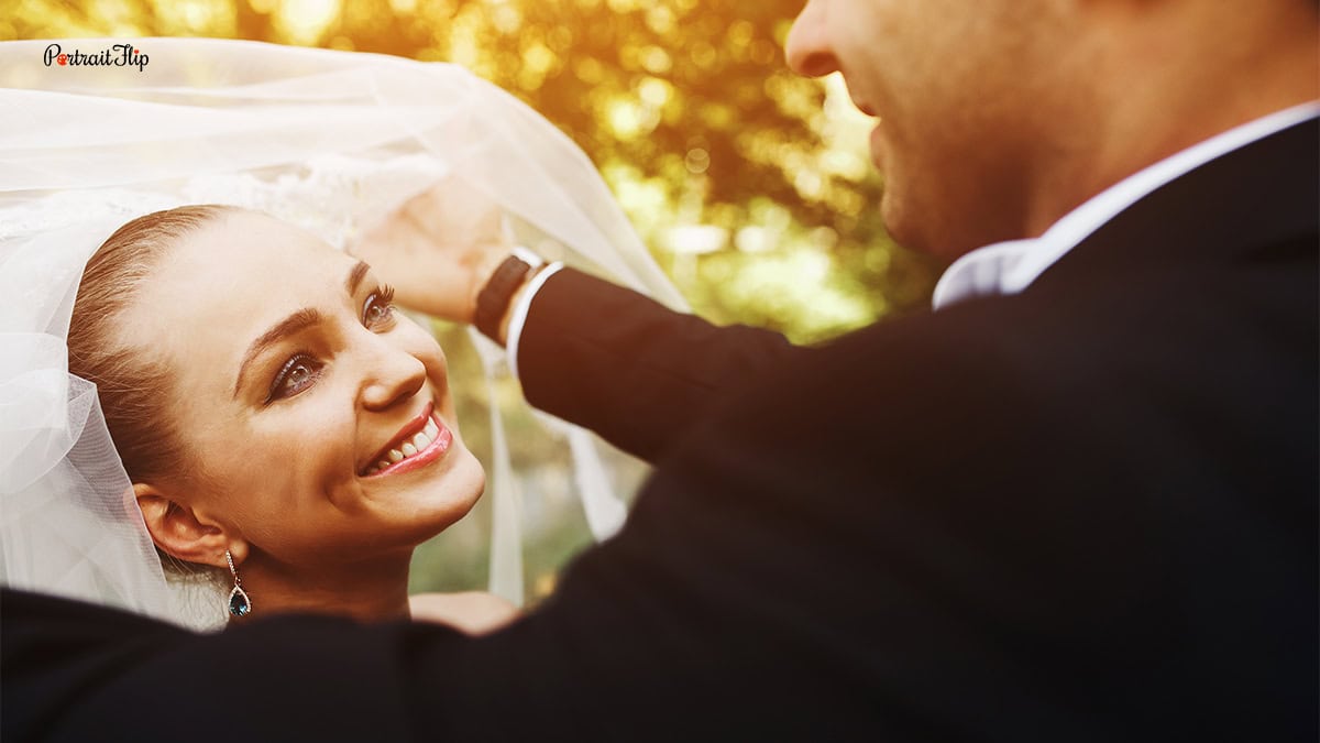 a bride gazing into her groom's face