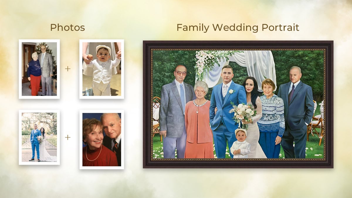 a family wedding portrait after being merged from different photos 